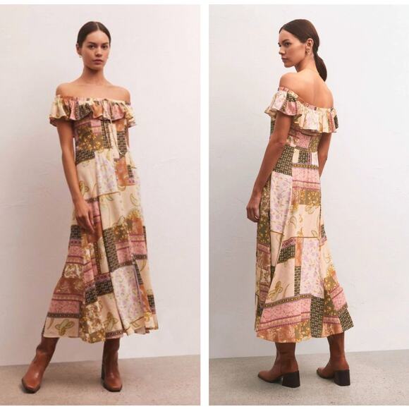Z SUPPLY Veda Off Shoulder Patchwork Midi Maxi Dress Pink Cream Sz M NWT {3Y16} - Picture 4 of 4